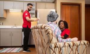 An apartment-style setup in CUAA's Simulation Center allows students to simulate at-home care scenarios with authenticity. 