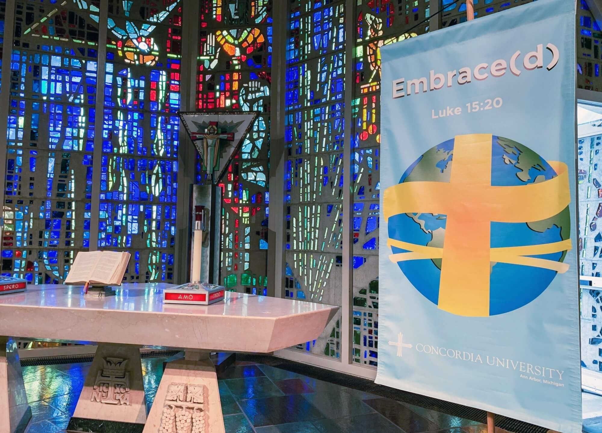 Embrace(d) banner in Chapel of the Holy Trinity