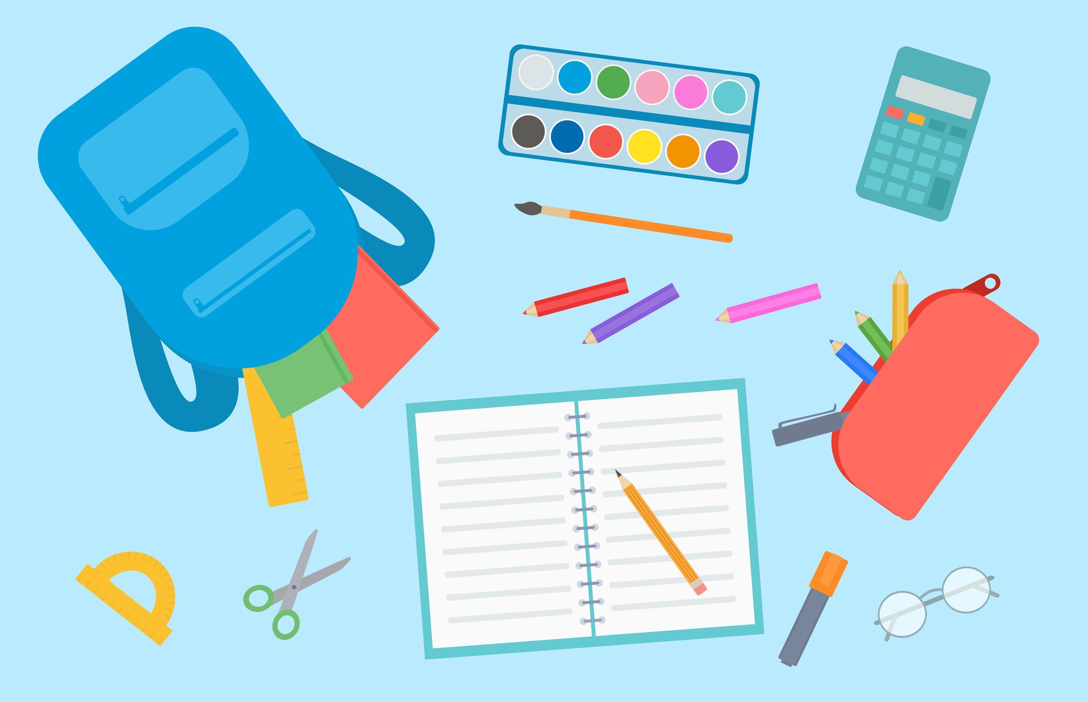 Top View Of Student Table With Backpack, Books And School Stationery